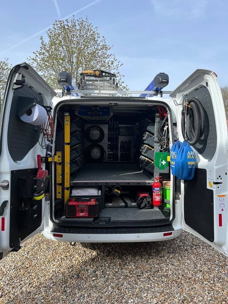 rear view of van fitted with bott custom van racking & van shelving