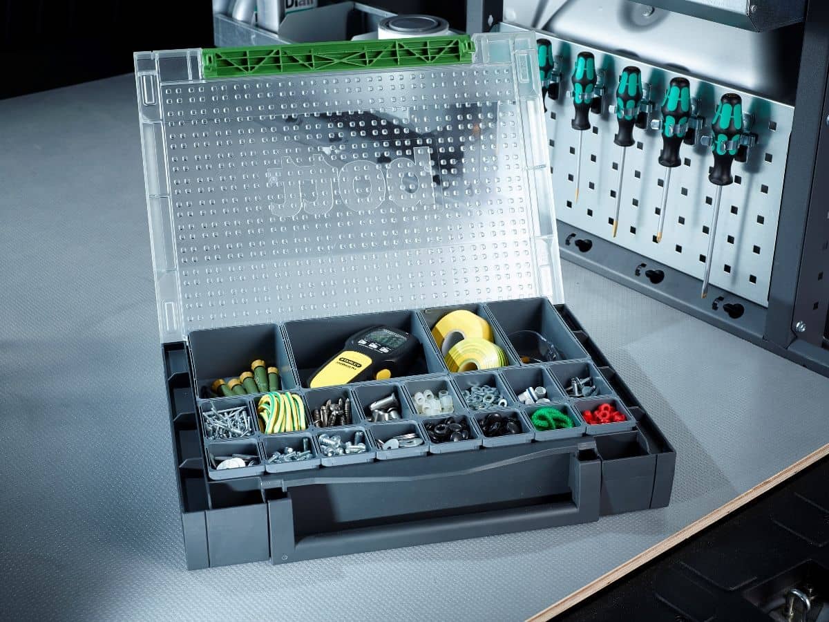 one open bott box with compartments for small parts and small tool storage