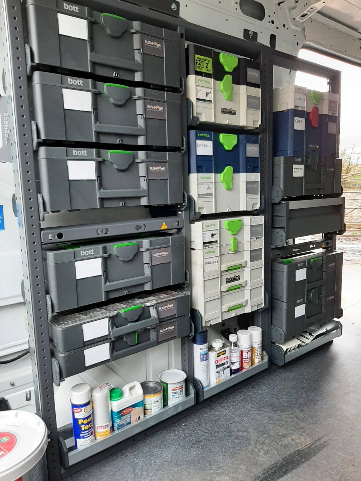van racking module fitted with bott boxes, van racking shelves & other van racking accessories