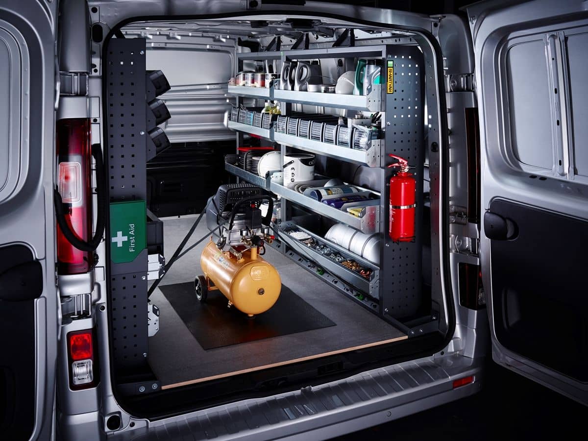 rear view of van featuring bott van racking and capacity for large tools & items